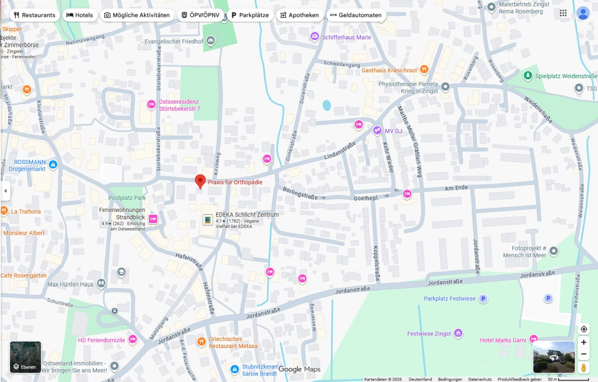 Lage der Praxis für Orthopädie Zingst, Lindenstraße 11